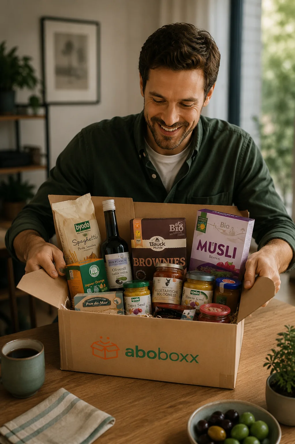 Kuratierte aboboxx Box mit hochwertigen Produkten und persönlicher Botschaft