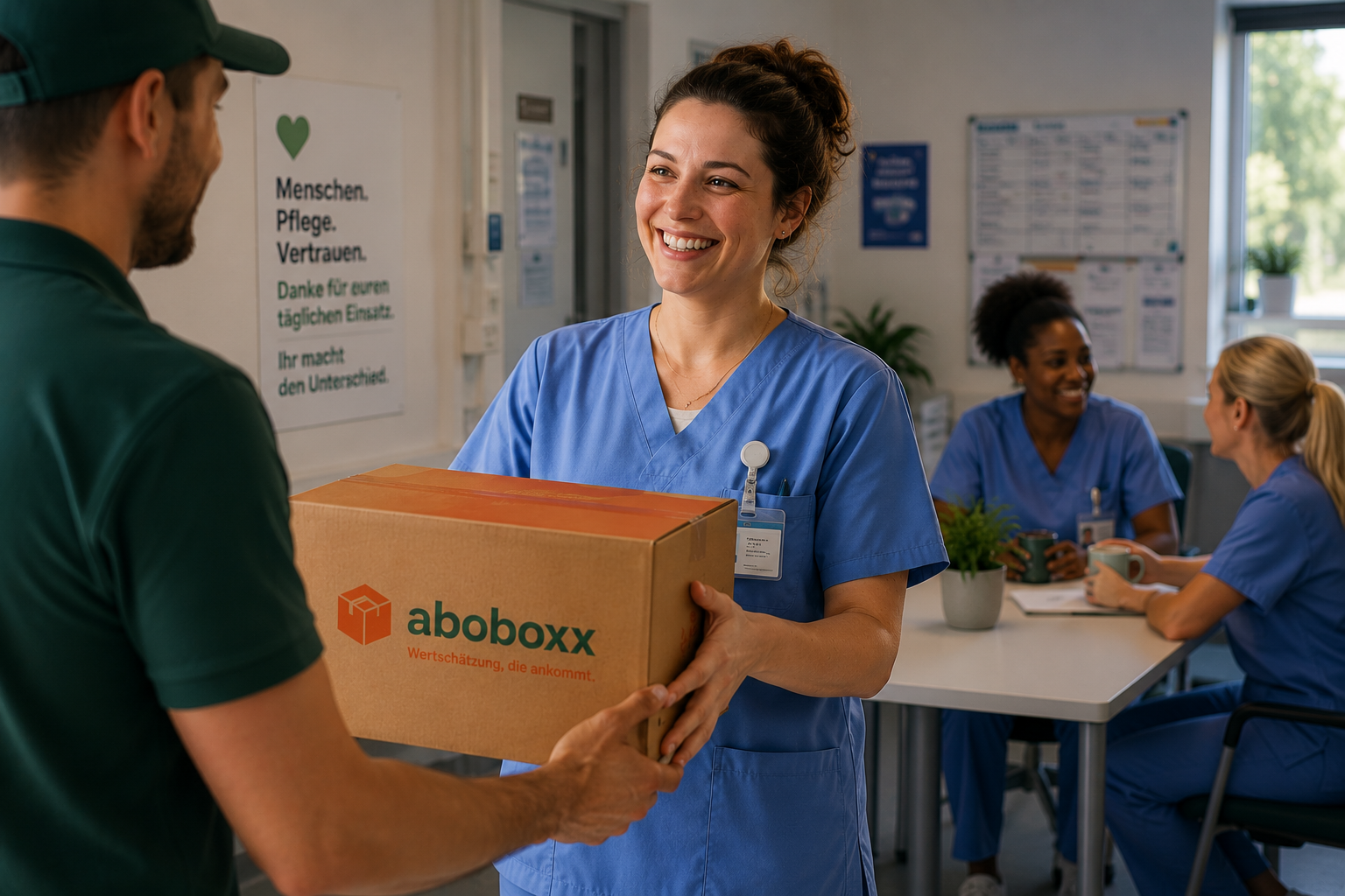Mitarbeitende im Gesundheitswesen erhält eine aboboxx Box als Corporate Benefit